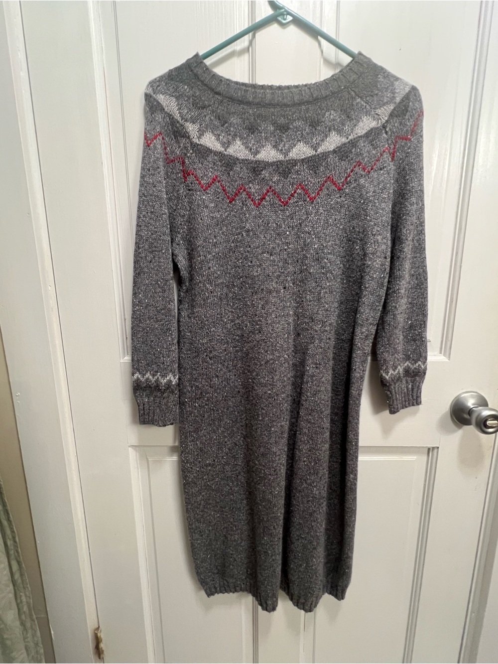 Knitted by Bass - Cozy Gray Knit Sweater Dress with Fair Isle Yoke
